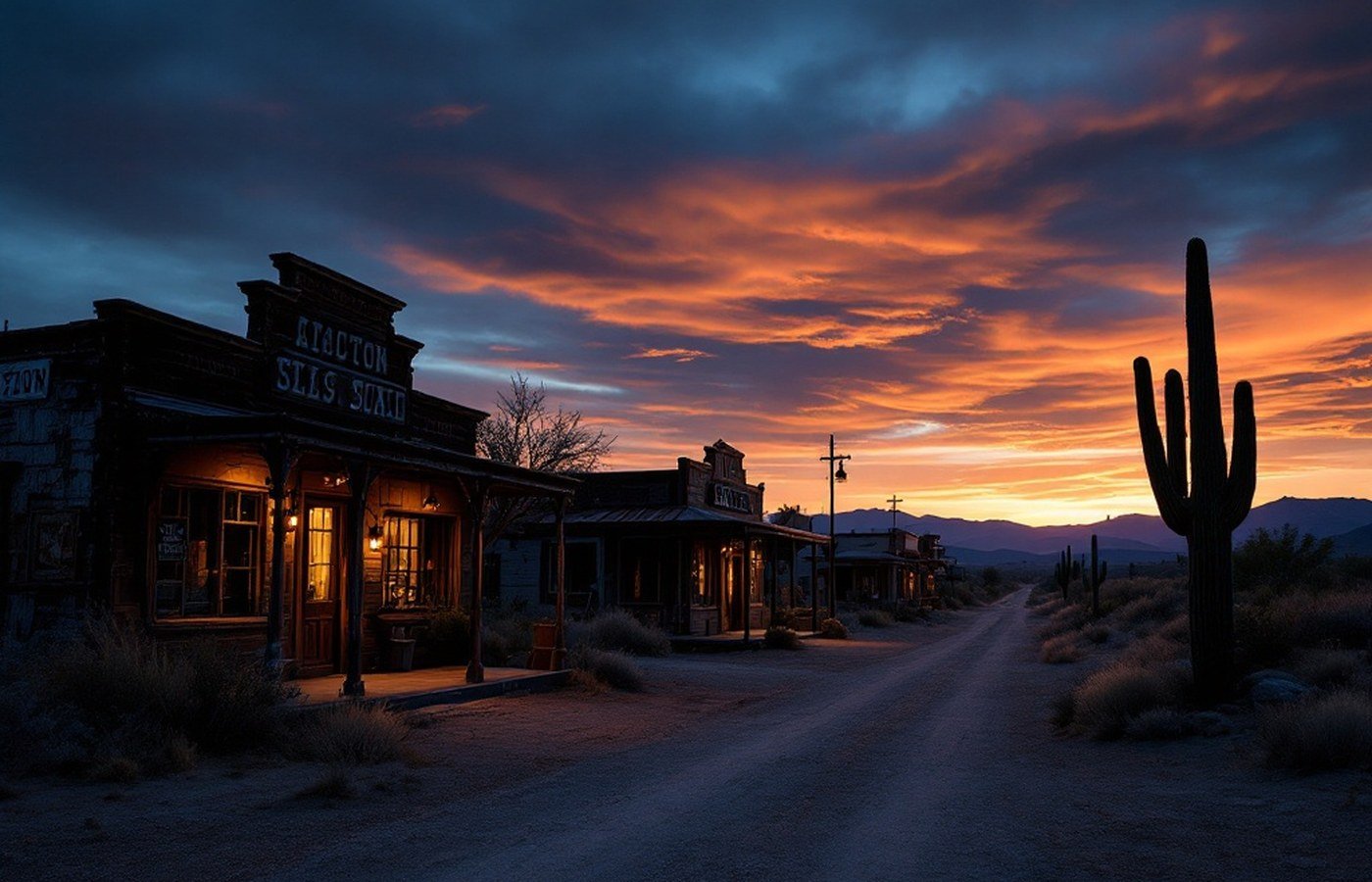 A weathered, moonlit ghost town in the Arizona desert