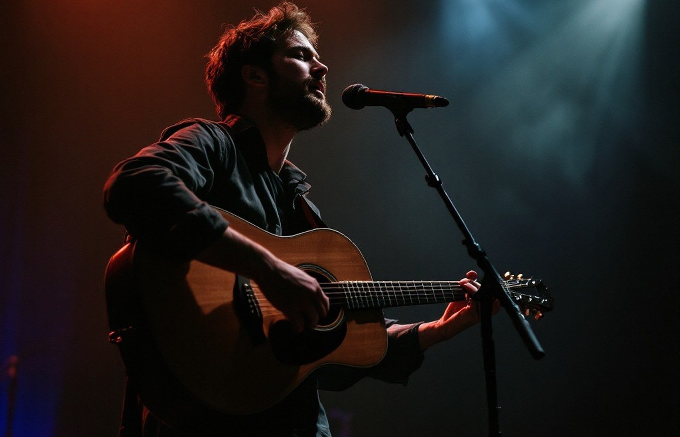 A singer-songwriter performing under stage lights