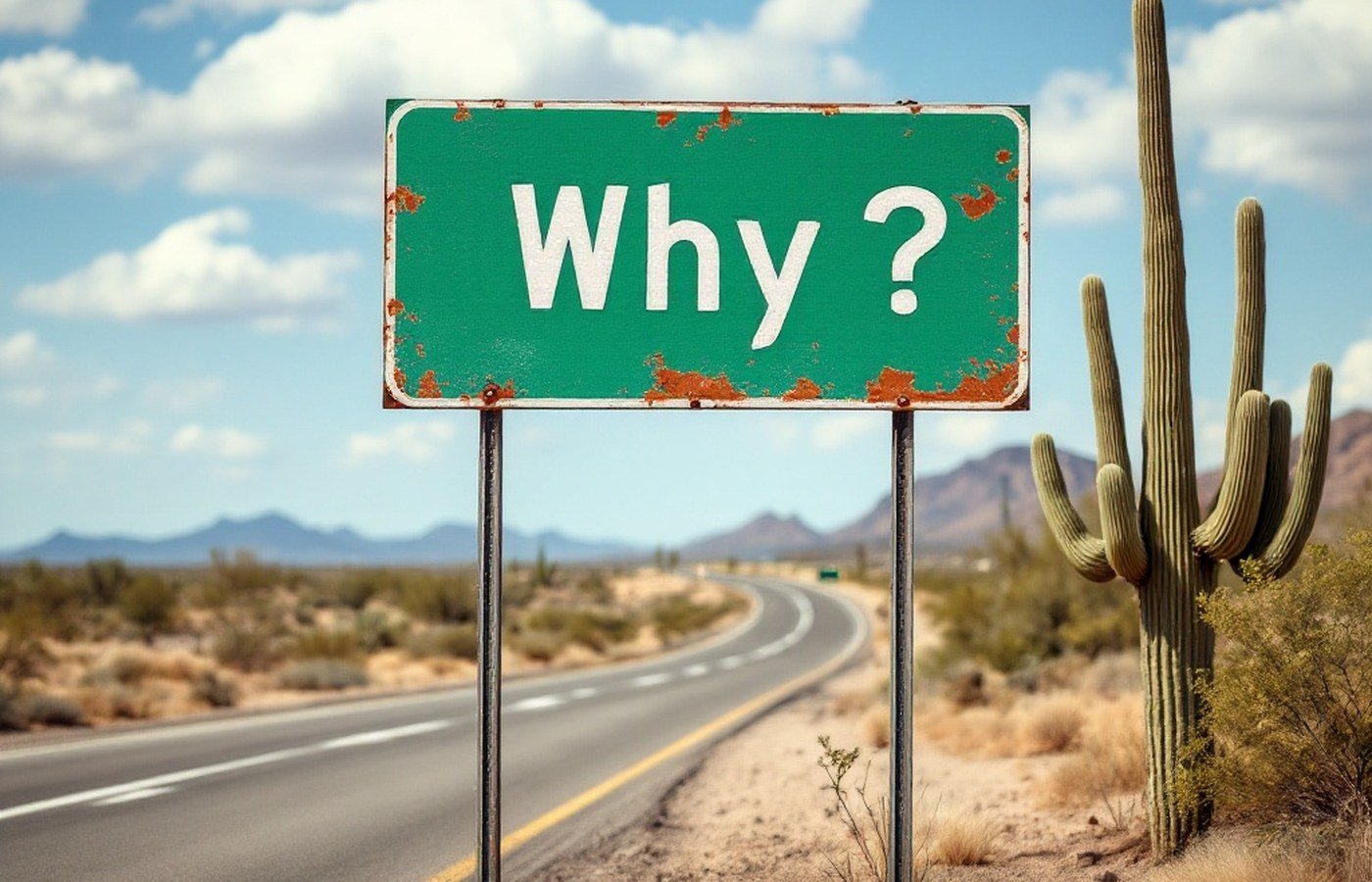 A weathered 'Why, AZ' town road sign