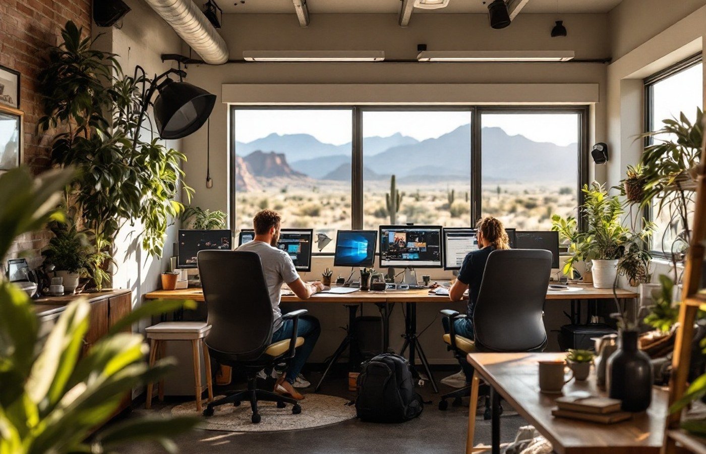 A busy modern newsroom with reporters at work