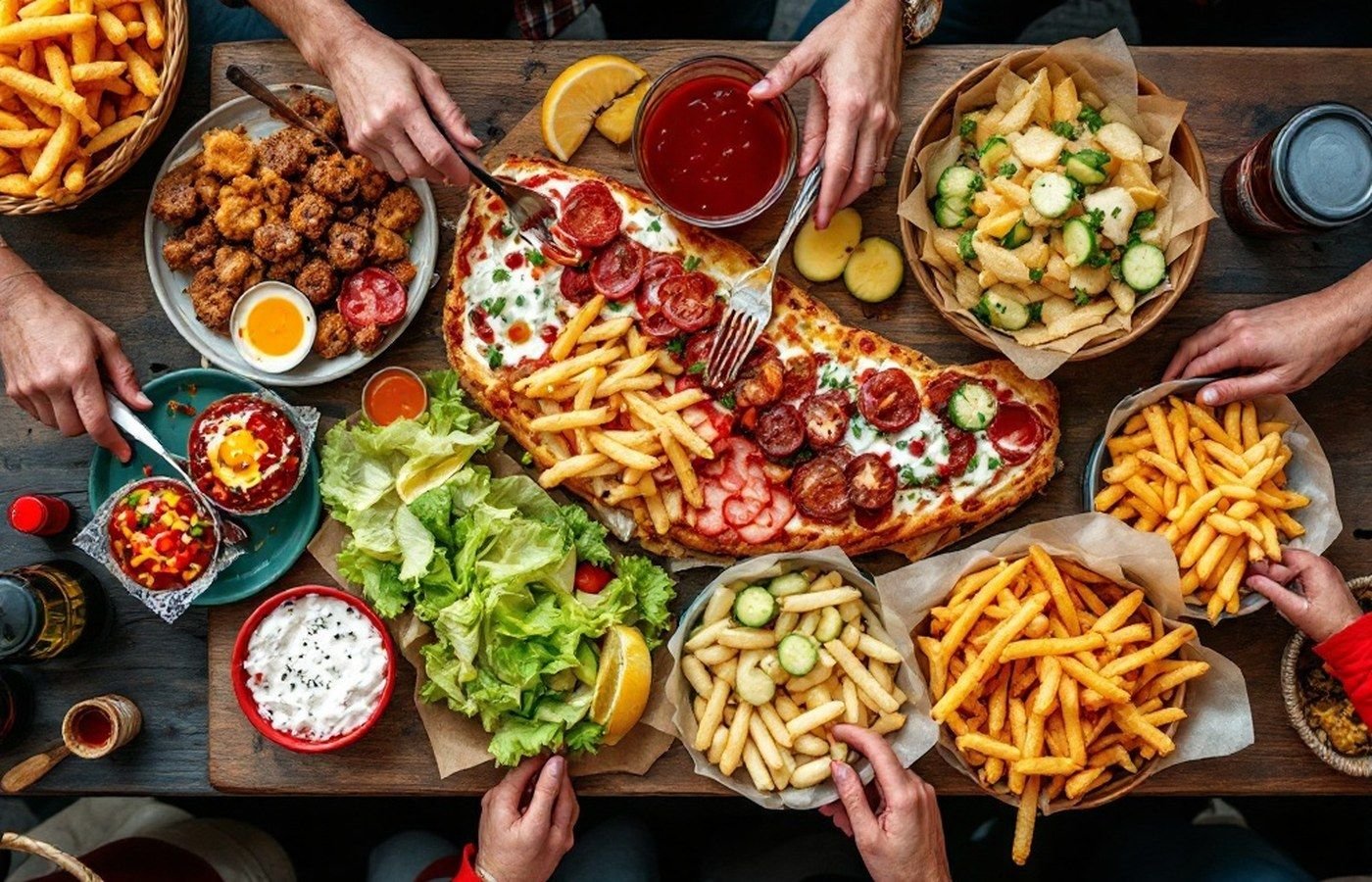 An overhead shot of colourful state fair food — corn dog, fish taco and a crepe