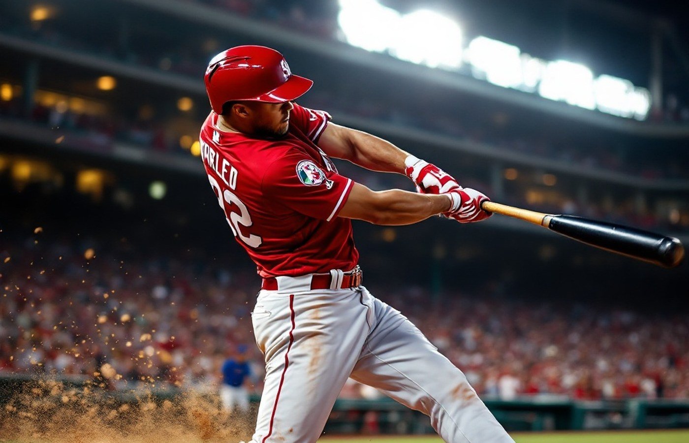 A Major League baseball slugger mid-swing under stadium lights