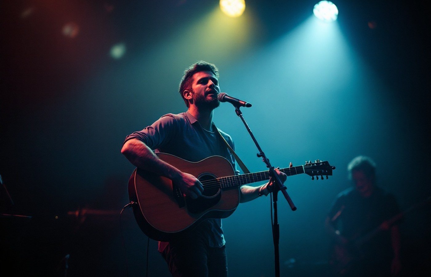 A singer-songwriter performing on a dim stage with an acoustic guitar