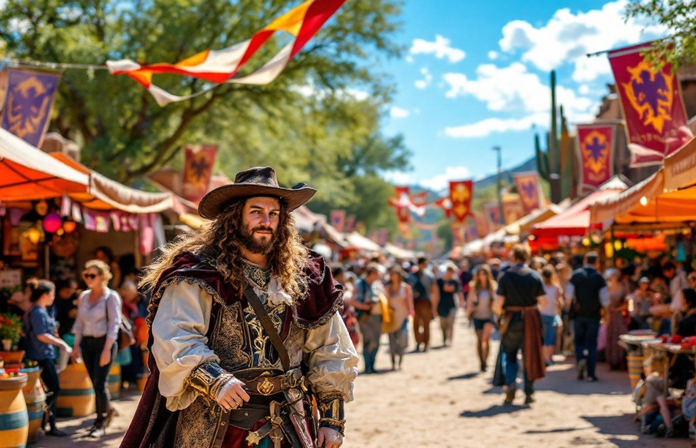 Costumed performers and colourful banners at a Renaissance festival