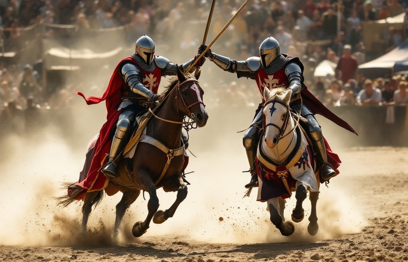 Armoured knights jousting on horseback at the festival