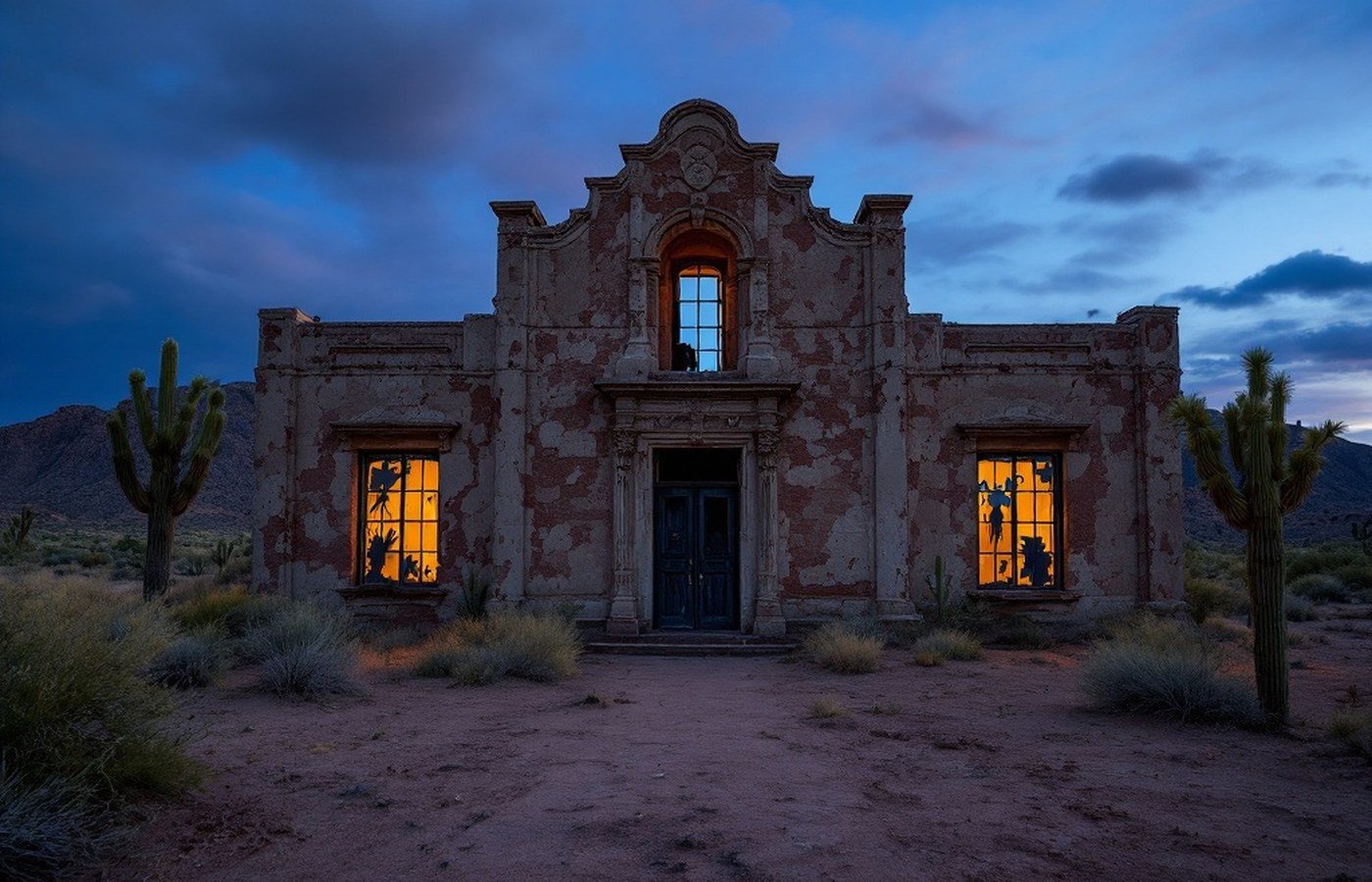 A haunted abandoned building at dusk