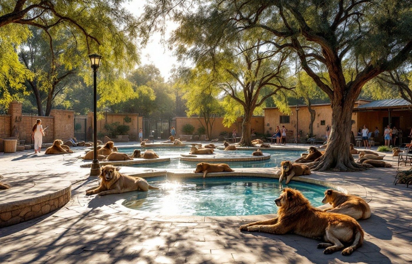 A quiet zoo enclosure with animals resting in the shade