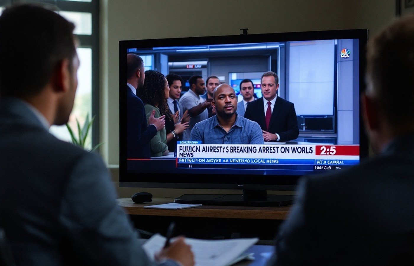 A television news broadcast covering the arrest