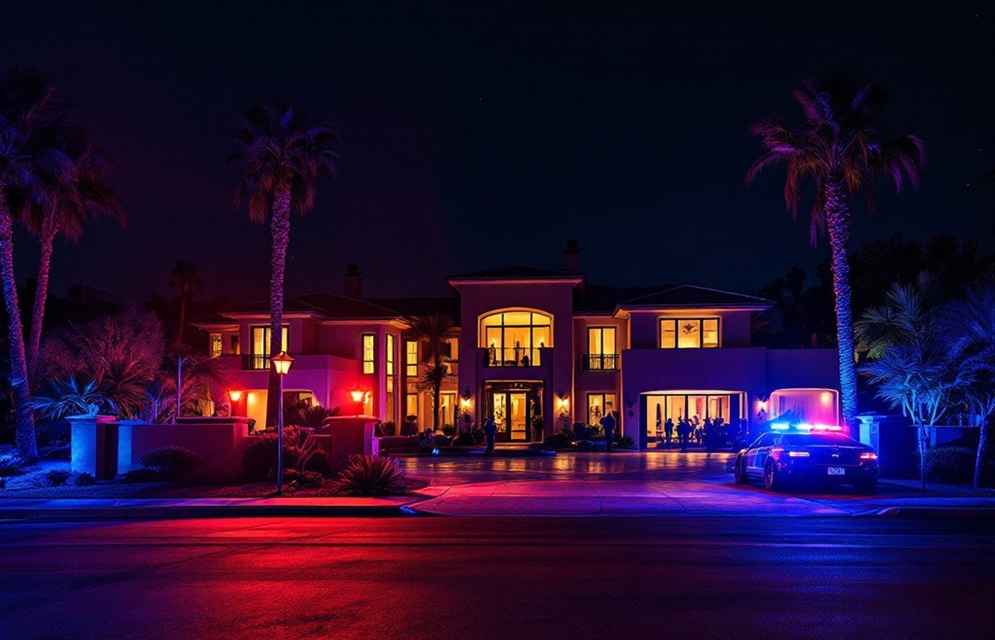 Police lights outside a large Scottsdale home at night