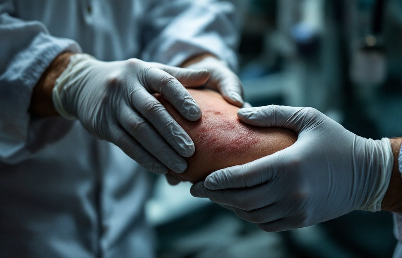 A doctor examining a bruised forearm in a clinical setting