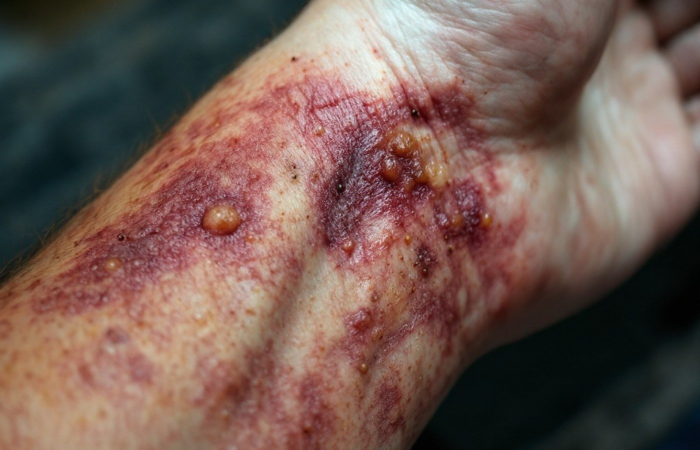 Extensive bruising along a forearm several days after a bite