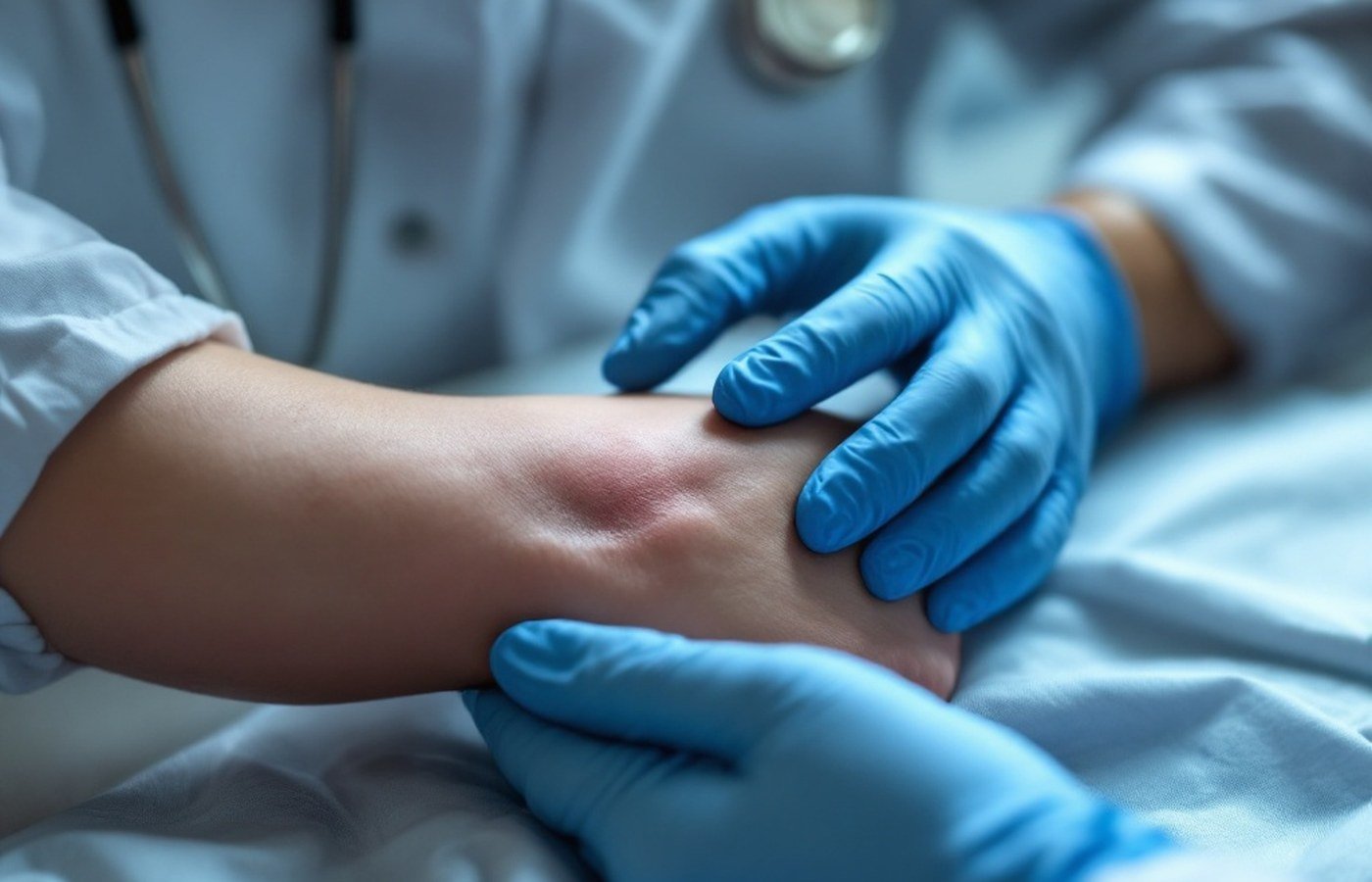 A bruised forearm examined by a doctor