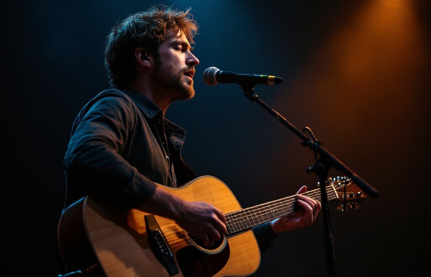 A singer-songwriter on a dim stage