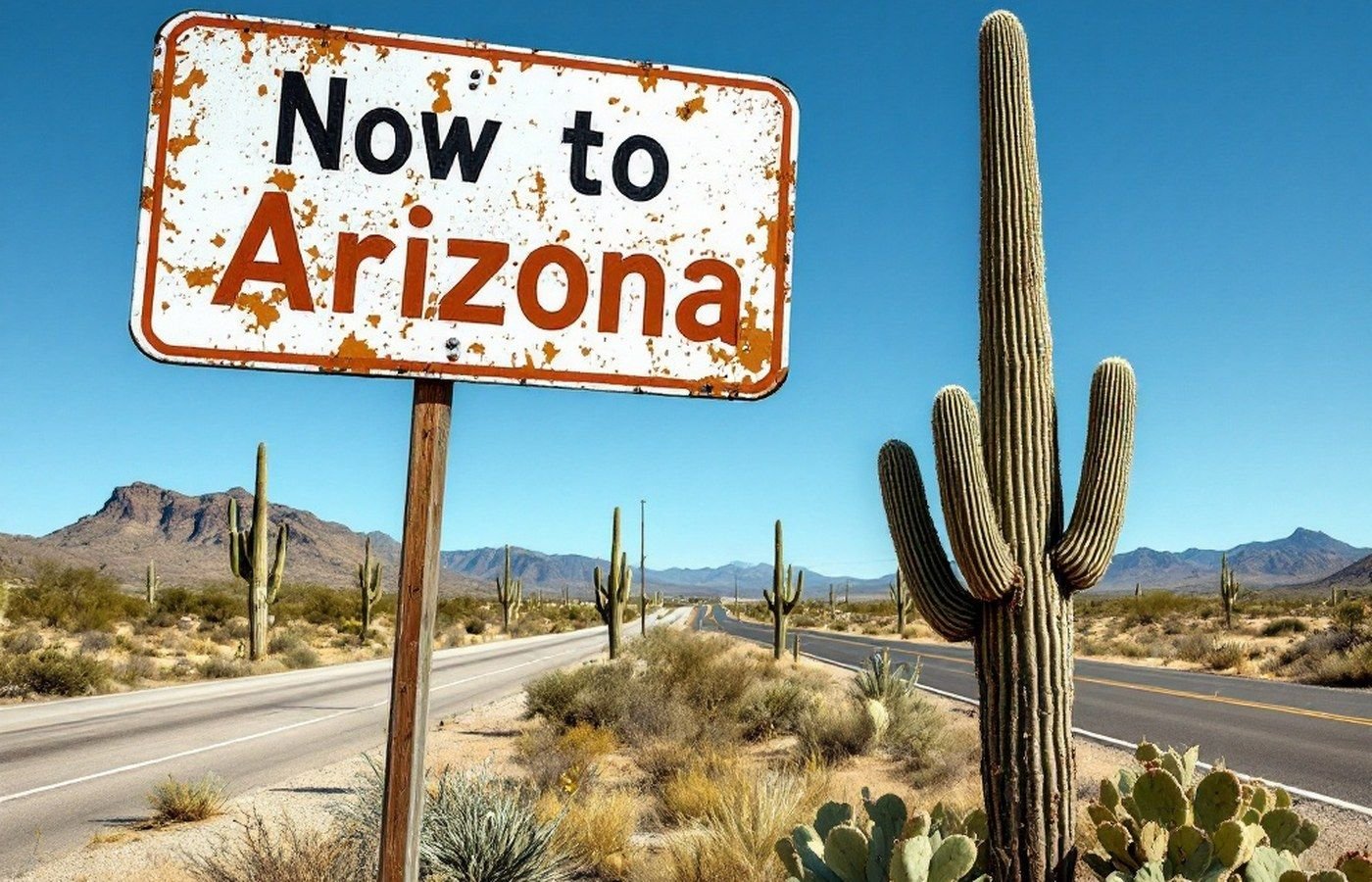 A weathered desert town road sign