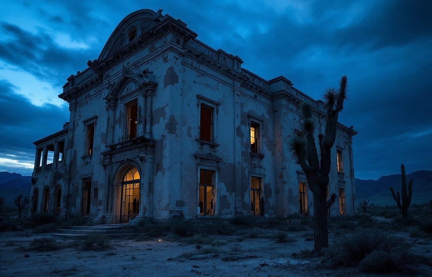 An eerie abandoned building at dusk