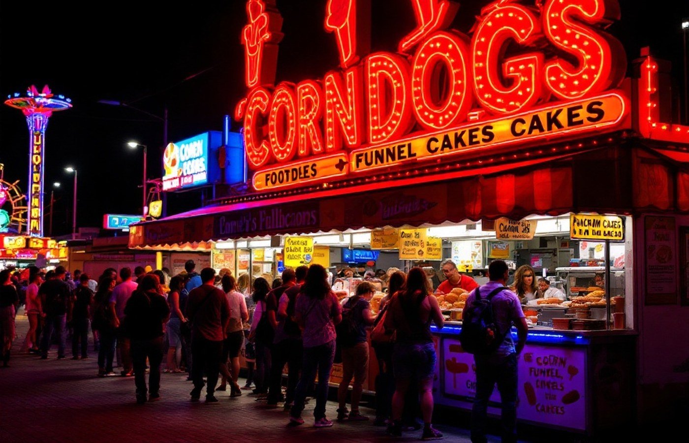 Neon-lit fair food stalls at night