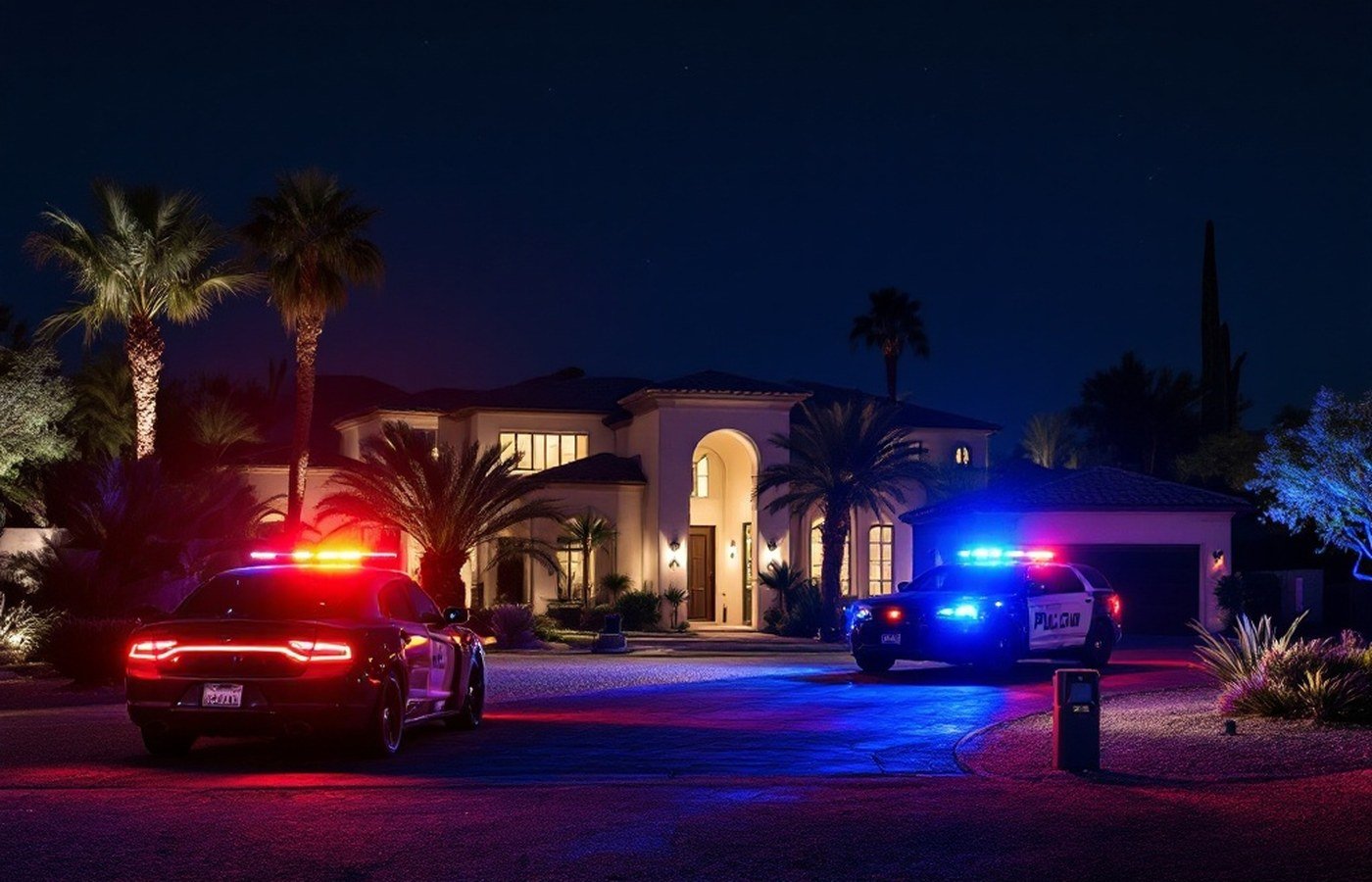 Police lights outside a Scottsdale home at night