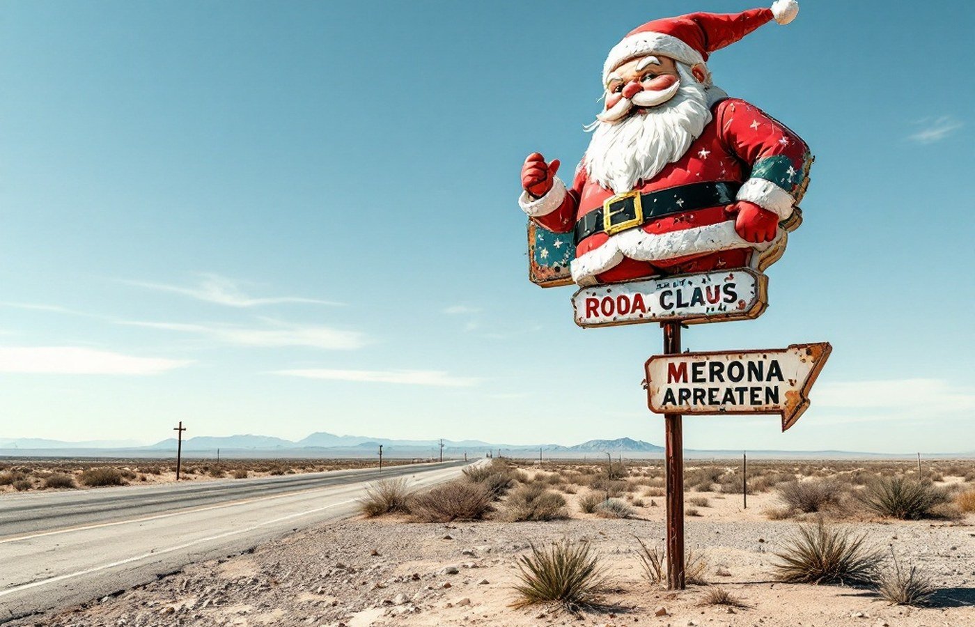 A faded Santa Claus figure on an old roadside sign in the desert