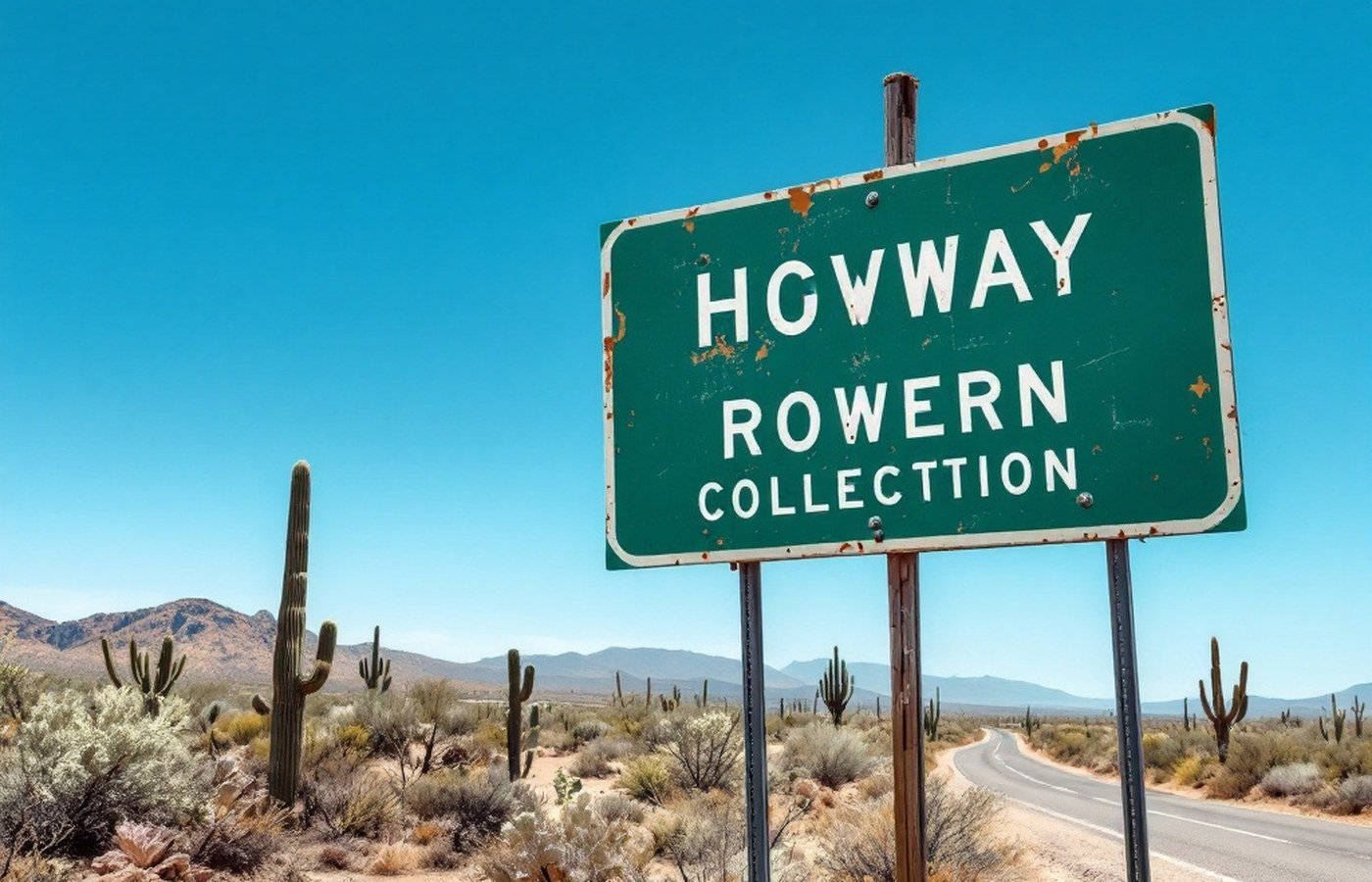 A weathered rural highway sign at a desert junction in Arizona