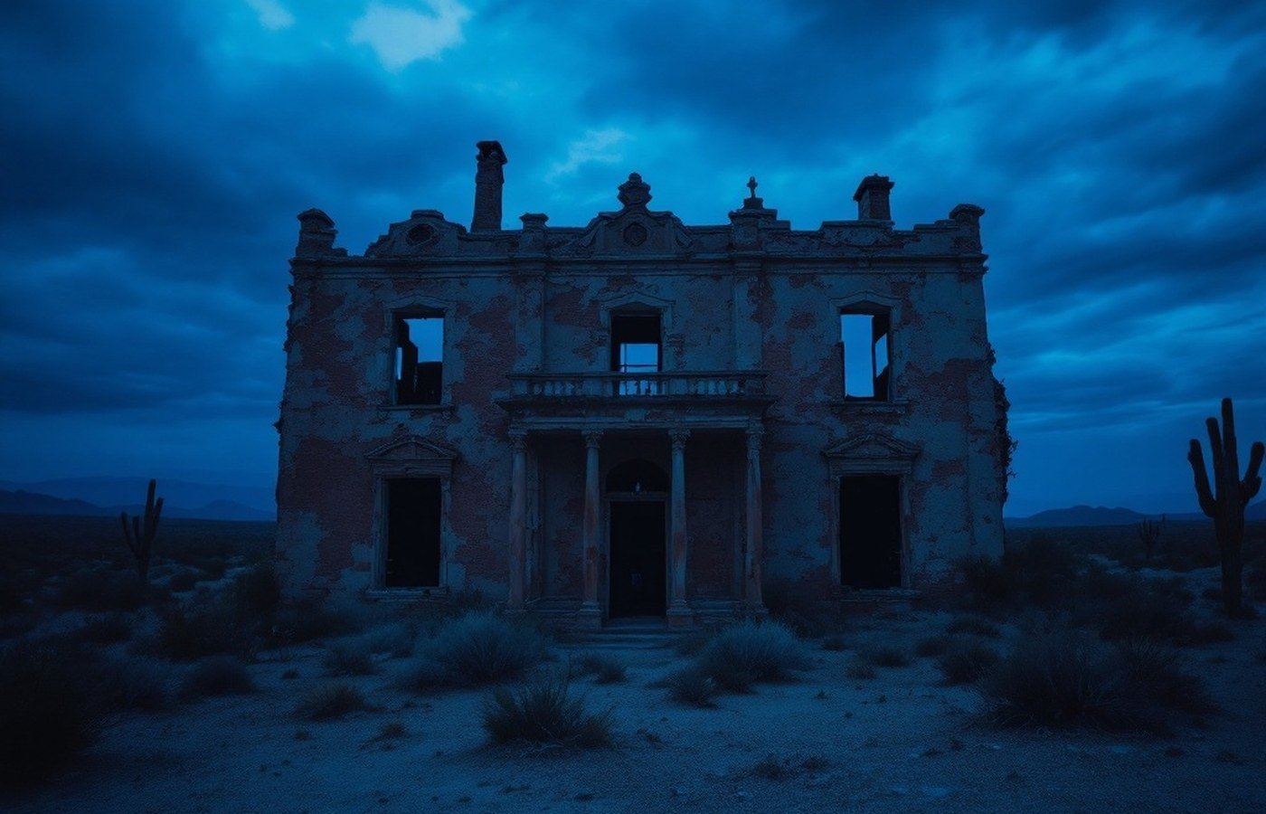 A shadowy, abandoned building in the Arizona desert at twilight