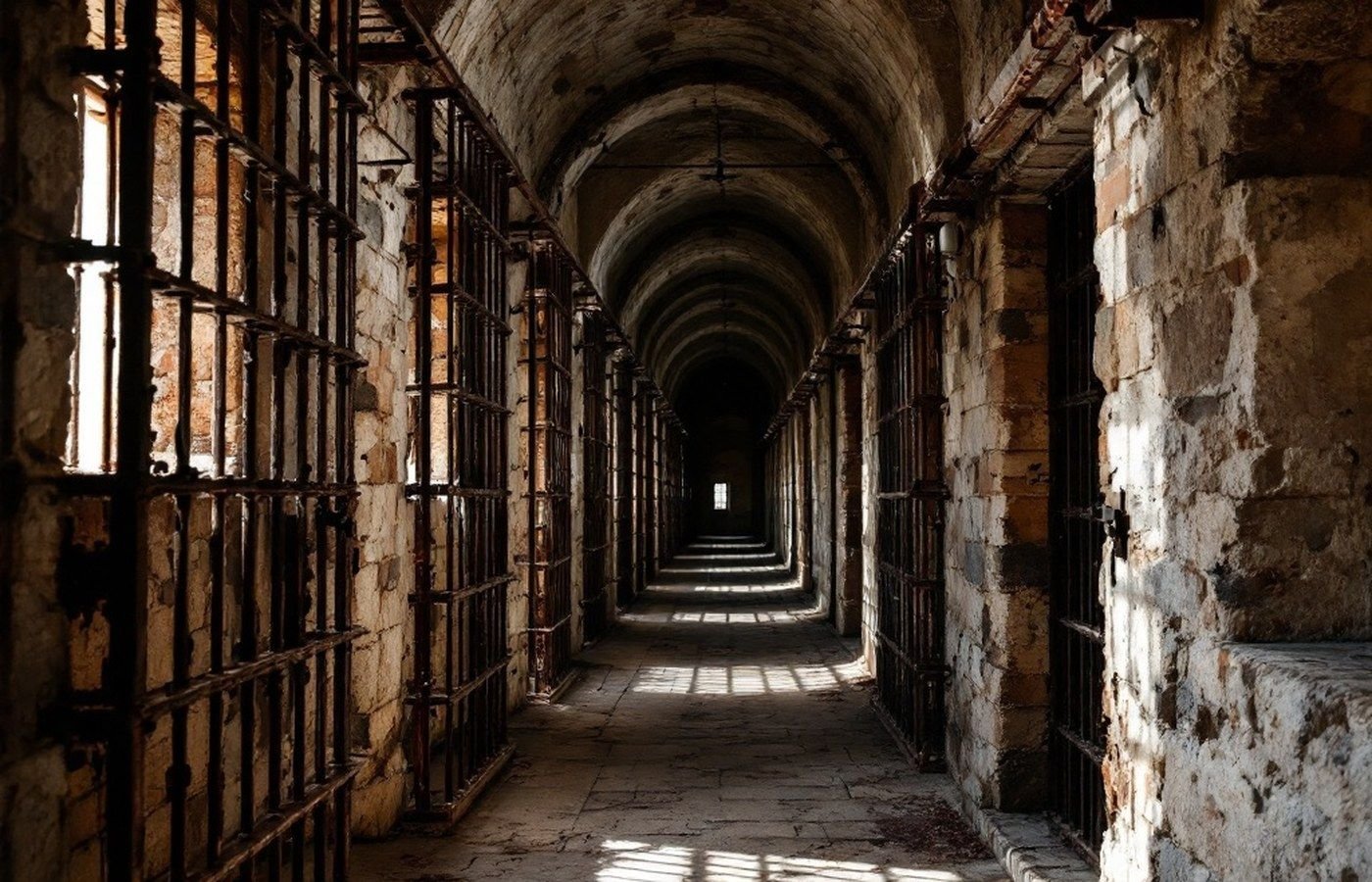 A dark stone cell corridor at Yuma Territorial Prison