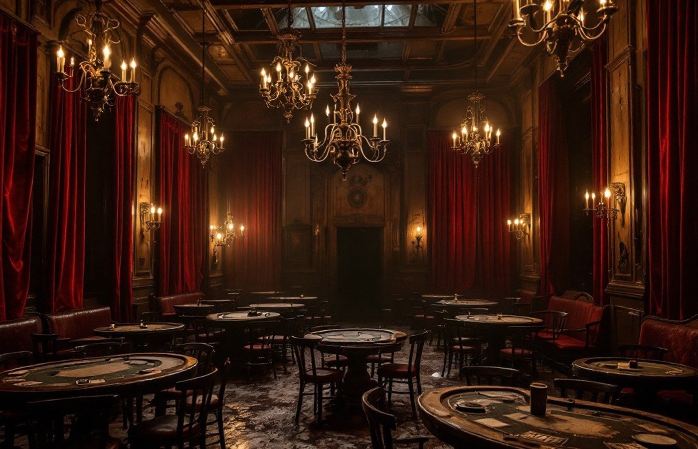 The dim, red-lit interior of the Bird Cage Theatre in Tombstone