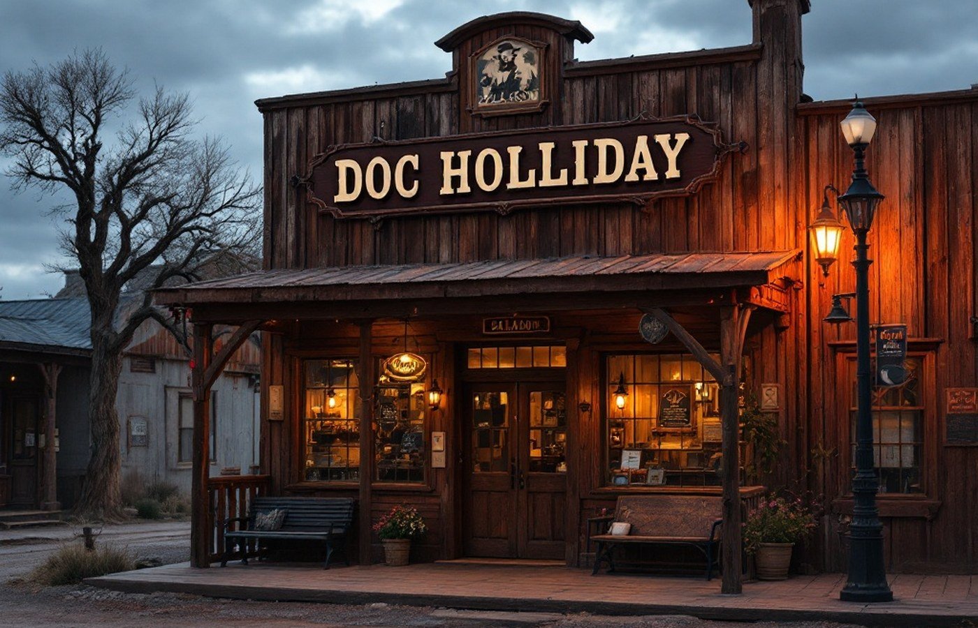 The weathered-wood frontage of Doc Holliday's Saloon in Tombstone, Arizona, at dusk